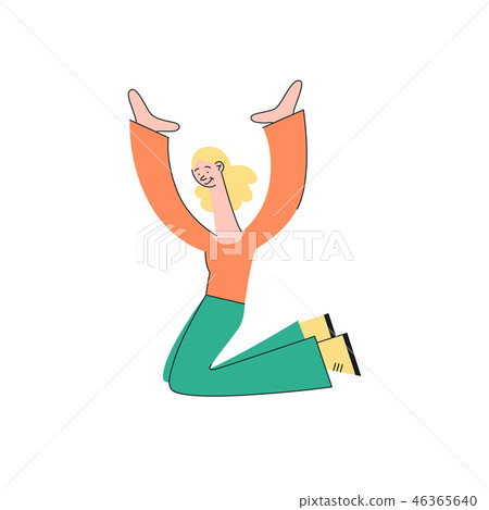 Vector illustration of young smiling woman jumping with happiness in flat style. Vector illustration of young smiling woman jumping with happiness in flat style. 46365640