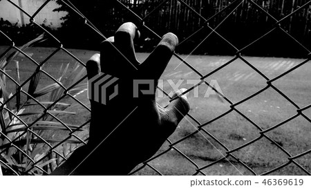 Hand holding a steel mesh, in black and white tone 46369619