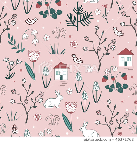 Cute spring vector seamless pattern with cartoon doodle flowers, blooming trees, hares, birds and Cute spring vector seamless pattern with cartoon doodle flowers, blooming trees, hares, birds and 46371768