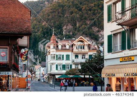 Evening street scene and old buildings Interlaken Evening street scene and old buildings Interlaken 46374348