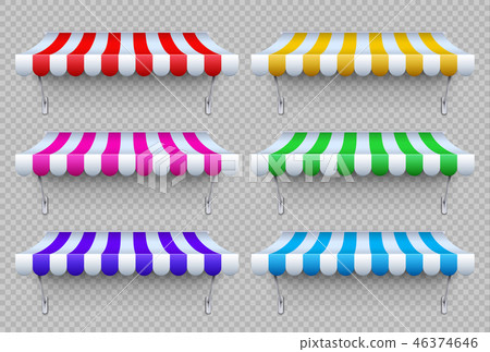 Shop awning tents. Outdoor market canopy for window, vintage store sunshade striped roof isolated 46374646