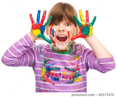 Portrait of a cute girl playing with paints Portrait of a cute girl playing with paints 46375470