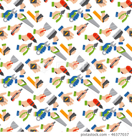 Hands with construction tools seamless pattern background worker equipment house renovation handyman Hands with construction tools seamless pattern background worker equipment house renovation handyman 46377037