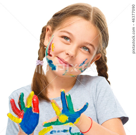 Portrait of a cute girl playing with paints Portrait of a cute girl playing with paints 46377090