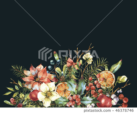 Watercolor vintage floral greeting card, New year decoration Watercolor vintage floral greeting card, New year decoration 46378746