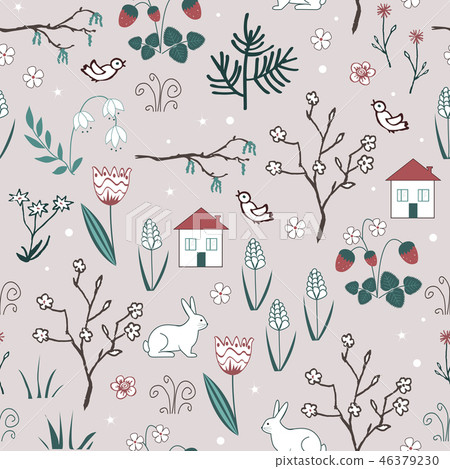 Cute spring vector seamless pattern with cartoon doodle flowers, blooming trees, hares, birds and Cute spring vector seamless pattern with cartoon doodle flowers, blooming trees, hares, birds and 46379230