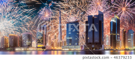 Beautiful fireworks above Dubai Business bay, UAE Beautiful fireworks above Dubai Business bay, UAE 46379233