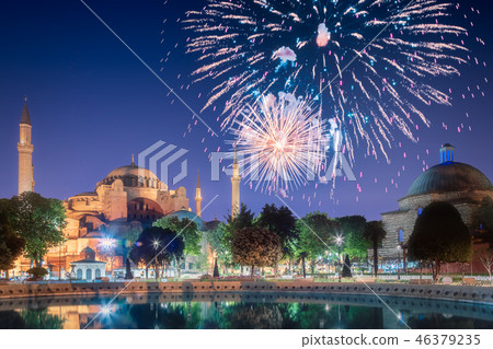 Beautiful fireworks above Hagia Sophia in Istanbul Beautiful fireworks above Hagia Sophia in Istanbul 46379235