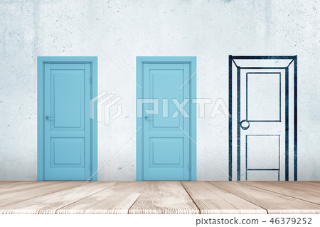 3d rendering of two blue doors and one sketch door drawn on the wall with white wooden floor below 3d rendering of two blue doors and one sketch door drawn on the wall with white wooden floor below 46379252