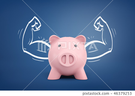 3d rendering of a piggy bank front view with strong arms drawn on both sides on a blue background. 3d rendering of a piggy bank front view with strong arms drawn on both sides on a blue background. 46379253