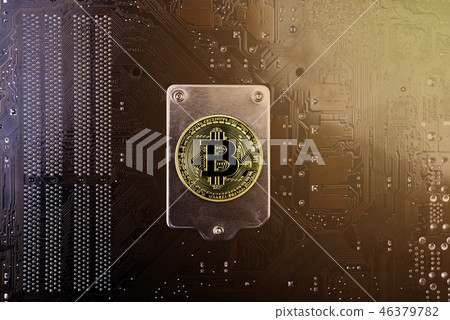 Gold Bitcoin on the back of the motherboard 46379782