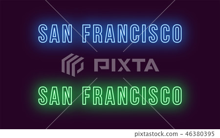 Neon name of San Francisco city in USA. Vector 46380395