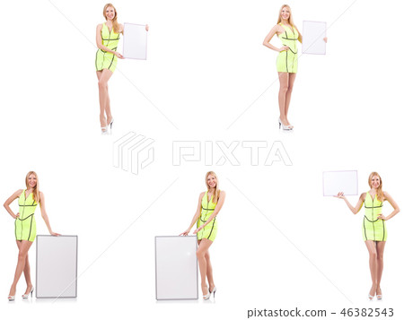 Beautiful woman holding whiteboard isolated on white  46382543