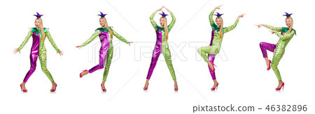Woman wearing clown costume isolated on white Woman wearing clown costume isolated on white 46382896