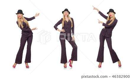 Pretty girl in purple retro suit isolated on white Pretty girl in purple retro suit isolated on white 46382900
