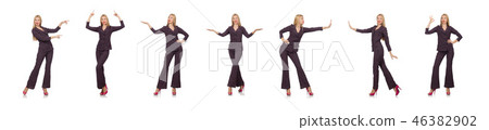 Pretty girl in purple retro suit isolated on white Pretty girl in purple retro suit isolated on white 46382902
