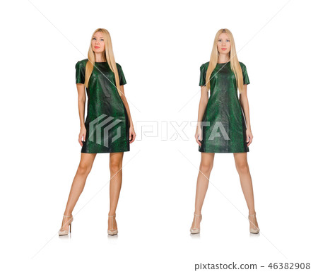Young woman in green dress isolated on white 46382908
