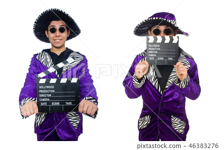 Man in funny clothing holding guitar isolated on white Man in funny clothing holding guitar isolated on white 46383276