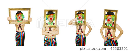 Clown with picture frame isolated on white Clown with picture frame isolated on white 46383291