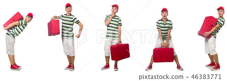 Young man with red suitcase isolated on white Young man with red suitcase isolated on white 46383771