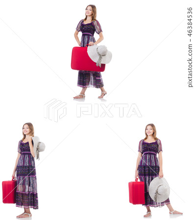 Young woman with suitcase isolated on white Young woman with suitcase isolated on white 46384536