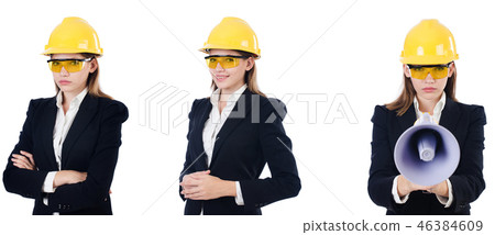 Female builder with megaphone isolated on white Female builder with megaphone isolated on white 46384609