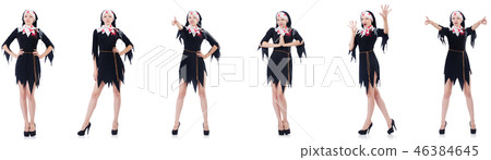 Young beautiful nun in short dress isolated on white Young beautiful nun in short dress isolated on white 46384645
