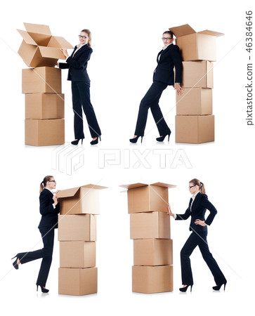 Businesswoman with boxes isolated on white Businesswoman with boxes isolated on white 46384646