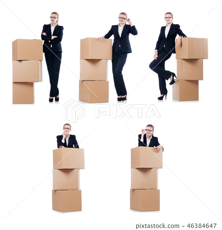 Woman businesswoman with boxes on white Woman businesswoman with boxes on white 46384647
