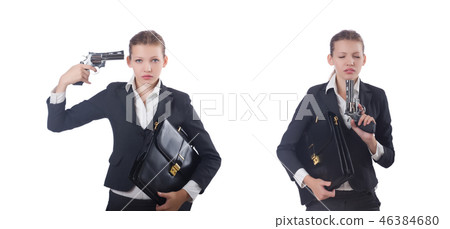 Woman businesswoman with gun on white Woman businesswoman with gun on white 46384680