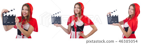 Young woman waiter with movie board isolated on white Young woman waiter with movie board isolated on white 46385054