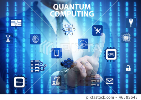 Businessman pressing virtual button in quantum computing concept 46385645