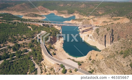 Aerial view of Viaducto de Contreras, highway bridge in mountainous area of Spain Aerial view of Viaducto de Contreras, highway bridge in mountainous area of Spain 46385667