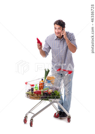 Young man with supermarket cart trolley on white 46386728