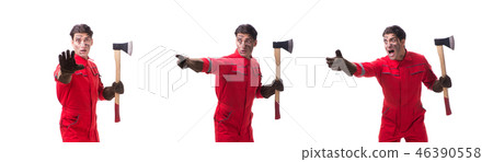 Contractor employee with axe on white background Contractor employee with axe on white background 46390558
