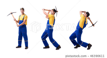 Young man contractor with axe isolated on white 46390611