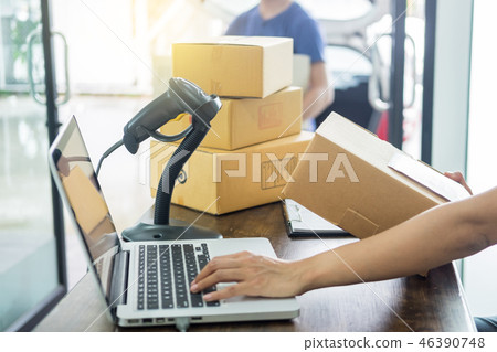 Courier hands Business woman work at home office checking parcel Courier hands Business woman work at home office checking parcel 46390748