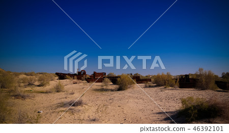 ship cemetery near Moynaq at sunrise, Uzbekistan ship cemetery near Moynaq at sunrise, Uzbekistan 46392101