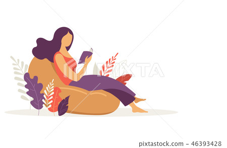 Feminine concept illustration, beautiful woman with a book. Character decorated with flowers and 46393428