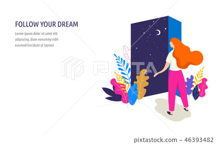 Feminine concept illustration, beautiful woman opens the door with a night sky view. Character 46393482