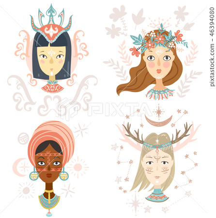 Collection of women portraits, mystical hairstyles and accessori 46394080