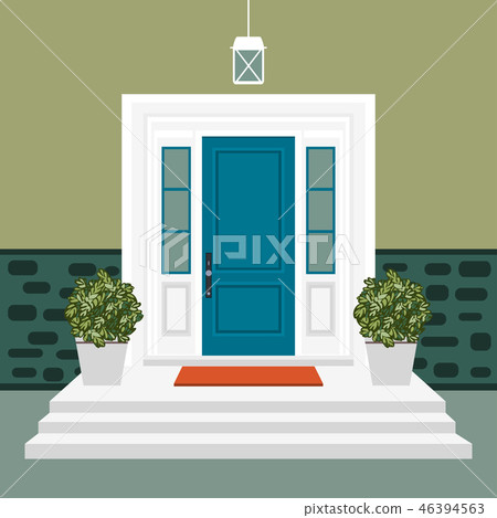 House door front doorstep, steps, window, lamp 46394563