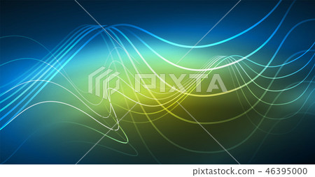 Glowing abstract wave on dark, shiny motion, Christmas and New Year magic space light. Techno Glowing abstract wave on dark, shiny motion, Christmas and New Year magic space light. Techno 46395000