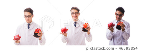 Doctor in blood donation concept isolated on white Doctor in blood donation concept isolated on white 46395854