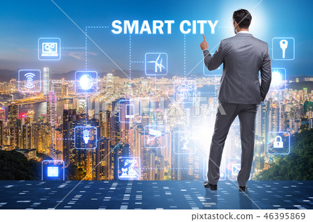 Concept of smart city with businessman pressing buttons 46395869
