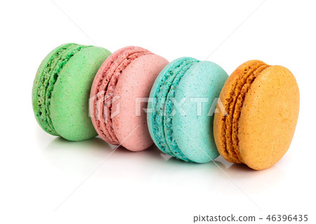 four macaroons isolated on white background closeup 46396435
