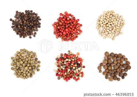 Mixed of peppers hot, red, black, white and green pepper isolated on white background. Top view 46396853