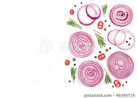 Sliced red onion with rosemary and peppercorns isolated on white background with copy space for your 46398719
