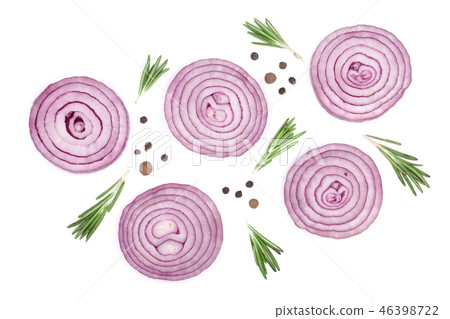 Sliced red onion rings with rosemary and peppercorns isolated on white background. Top view. Flat 46398722