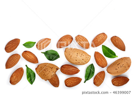 almonds with leaves isolated on white background with copy space for your text. Top view. Flat lay almonds with leaves isolated on white background with copy space for your text. Top view. Flat lay 46399007